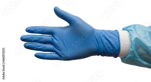 Healthcare Professionals Hand in a Blue Nitrile Glove Reaching Out for a Sterile Handshake.