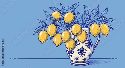 Vintage lemon still life: detailed botanical art with blue and white porcelain vase