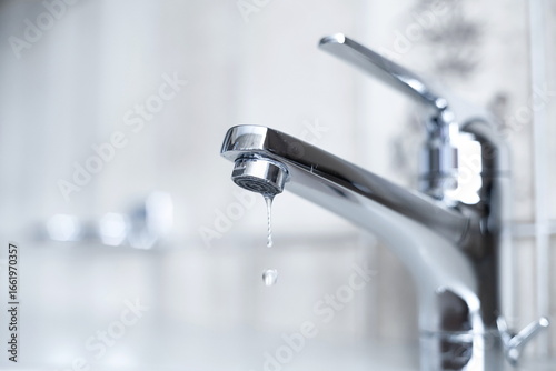 Fotografie Dripping tap with water droplets inside apartment bathroom