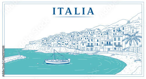 Serene italian coastal town with boats and hills in linear art style