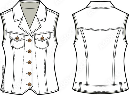 Stylish sleeveless denim vest, front and back view, fashion CAD drawing, vector illustration, garment sketch, detailed stitching, apparel design