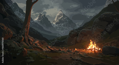 Tranquil campfire scene in majestic mountain landscape at dusk