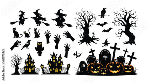 Silhouette Halloween Gathering: Spooky silhouettes of witches, haunted houses, pumpkins, and eerie landscapes create a chillingly festive Halloween atmosphere. 