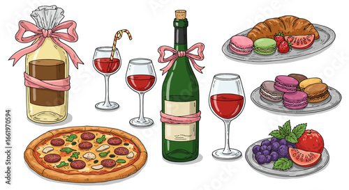 Elegant wine and desserts arrangement with pizza and macarons