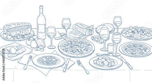 Linear outline dining table spread with italian cuisine and wine