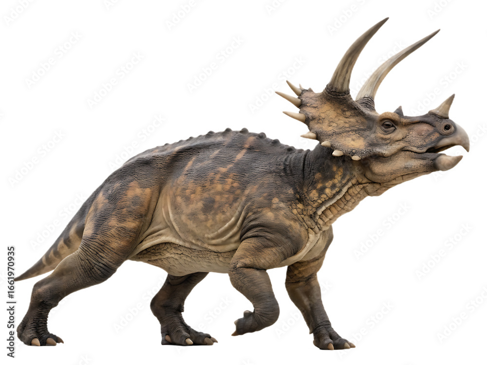 Fototapeta premium Styracosaurus Dinosaur Illustration Isolated on Black Background Cretaceous Period Herbivore with Horns and Frill Paleontology Jurassic Era Wildlife Prehistoric Creature