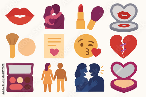 Kiss and Make Up Day Icon Set with Love and Beauty Symbols