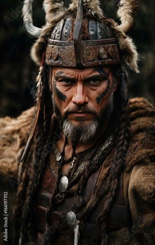 Portrait of viking warrior in the forest