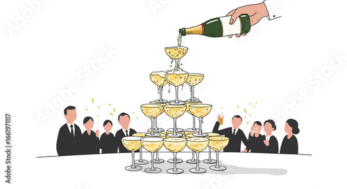 Elegant celebration with champagne tower and toasting guests in minimalist style