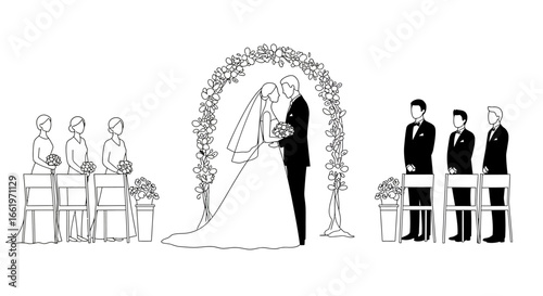 Elegant wedding ceremony with bride and groom under floral arch
