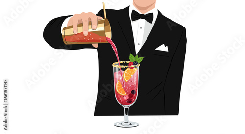 Bartender in suit pouring elegant cocktail garnished with citrus and berries