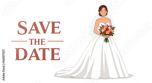 Charming bride in elegant gown with bouquet: perfect for save the date cards