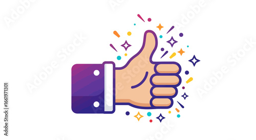 Colorful gradient thumbs up icon with sparkles and confetti for social media and feedback design