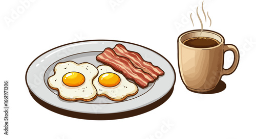 Classic breakfast with eggs, bacon, and coffee in flat style