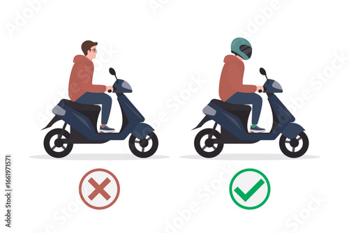 Young adult riding moped with helmet and without helmet, and safety rules on road. Man riding scooter. Driver riding motorcycle.