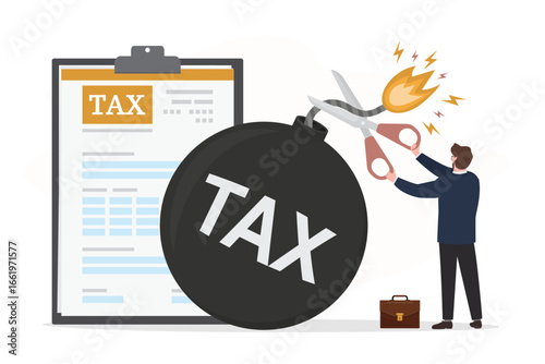 Businessman uses scissors cutting fuse of giant bomb. Scissors to cut tax bomb. Relief from debt and tax burden. Accounting, tax reduction, budget optimization. Tax time