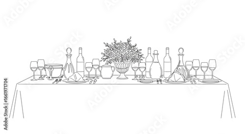Elegant outline of a formal dining table setting with glassware and decorative floral centerpiece