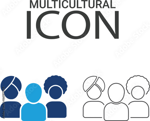 Multicultural icons, Line art icons design. Containing equality, culture, languages, tolerance, difference, belonging, human rights, and ethnicity icons. Solid icon collection. Vector illustration.