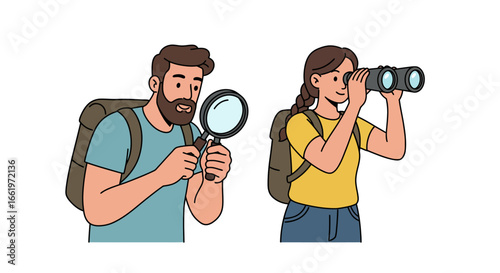 Adventurous explorers with magnifying glass and binoculars in cartoon style