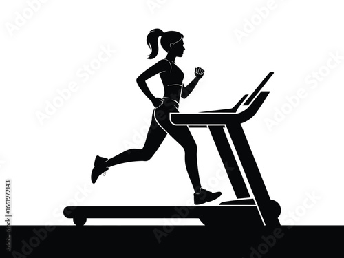 Vector art of silhouette of a woman running on a treadmill, exercising for fitness and health