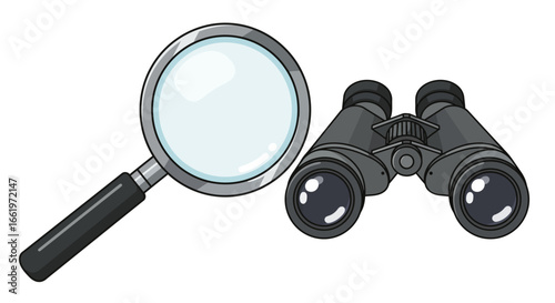 Cartoon magnifying glass and binoculars for search and exploration concepts