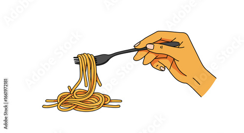 Hand holding fork with spaghetti on white background in cartoon style