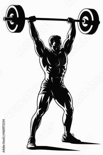Vector art of weightlifter lifting heavy barbell, showcasing strength, fitness, and determination in a dynamic silhouette
