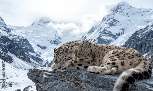 A snow leopard rests peacefully atop a rocky outcrop, overlooking a majestic, snow-covered mountain range.