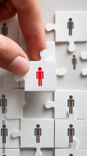 Finger placing a red person icon puzzle piece into a grid of grey person icons graphic design