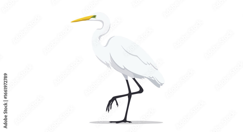 Obraz premium Elegant white heron illustration standing gracefully on one leg against a plain background depicting wildlife nature and avian beauty