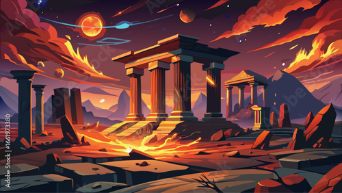 Celestial structure collapses in fiery cosmic ruins, glowing meteors scatter, radiant explosions pulse, drifting fragments illuminate eternity, stellar debris floats, infinite stardust glimmers, nebul