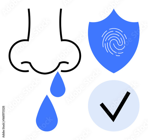 Nose with droplets, security shield with fingerprint, and checkmark icon. Ideal for hygiene, health, immunity, safety, protection medical care and well-being. Simple flat metaphor