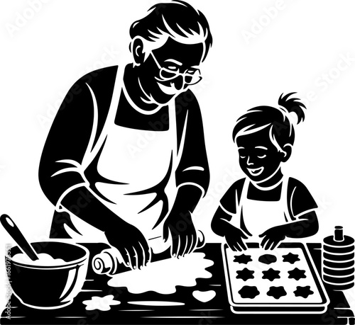 A joyful silhouette of a grandparent and grandchild standing side by side at a kitchen counter, both engaged in baking