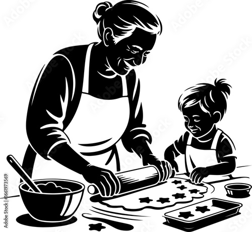 A joyful silhouette of a grandparent and grandchild standing side by side at a kitchen counter, both engaged in baking