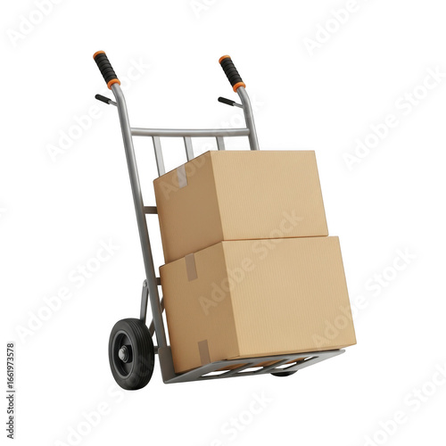 Silver hand truck carrying two cardboard boxes for moving and delivery isolated on transparent background
