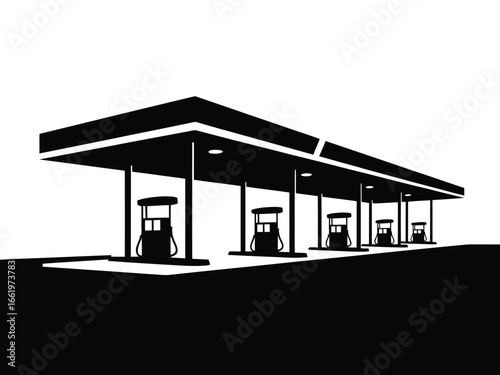 Vector art of silhouette of a gas station, a roadside facility for refueling vehicles with gasoline and other fuels