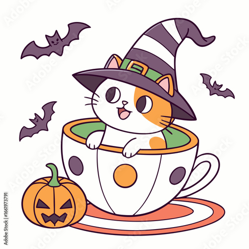 Whimsical Scottish Fold feeling Cheerful in a Halloween setting with sitting in a teacup ride – colored in Spooky Fun