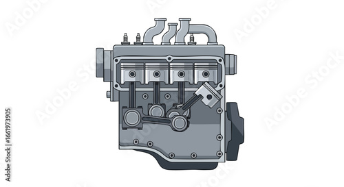 Detailed illustration of an automotive engine showcasing internal components and mechanics in a technical drawing style depiction  of engine parts