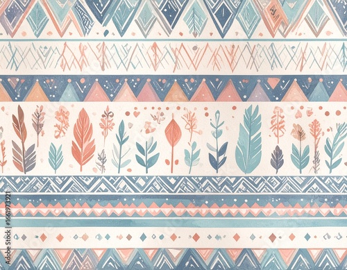 Seamless bohemian tribal pattern, hand-drawn ethnic elements, modernized pastel tones, stylish decorative vector, repeating background
