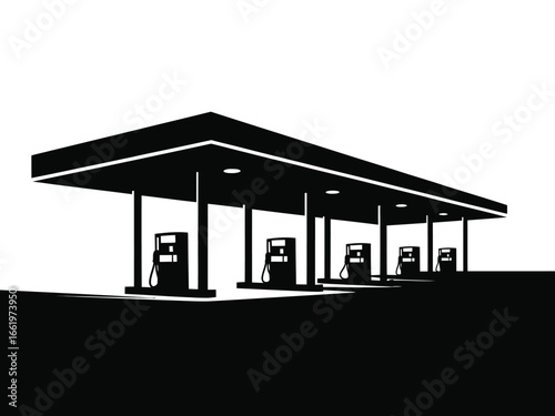 Vector art of gas station silhouette, symbolizing fuel and transportation, representing the energy industry and the convenience of refueling