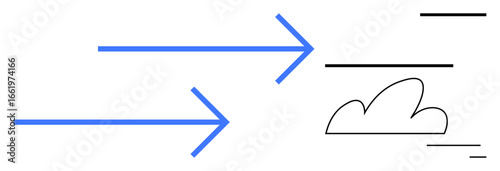 Two bold arrows pointing right toward abstract lines and a minimalist cloud sketch. Ideal for progress, direction, cloud computing, innovation, data transfer, technology, simple landing page