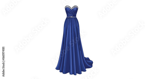 Illustrative depiction of a flowing sapphire blue evening gown with embellished accents for formal occasions and special events