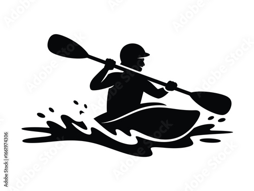 Vector art of silhouette of a kayaker paddling through the water, enjoying an outdoor adventure