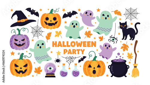 Halloween Party Elements: Spooky and fun Halloween elements including pumpkins, ghosts, bats, witches hat, spiderwebs, cauldron, magic potions, black cat, and autumn leaves.