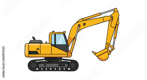 Yellow construction excavator vector illustration, symbolizing infrastructure and industry, isolated on a white background designed for children