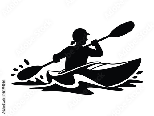 Vector art of silhouette of a woman kayaking on the water, enjoying a recreational activity