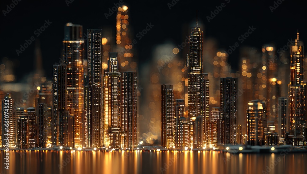 Fototapeta premium Night city skyline, illuminated, modern, abstract