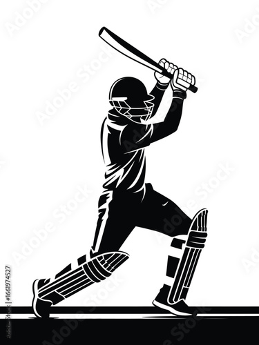 Vector art of silhouette of a cricket player swinging the bat during a match, showcasing skill and action