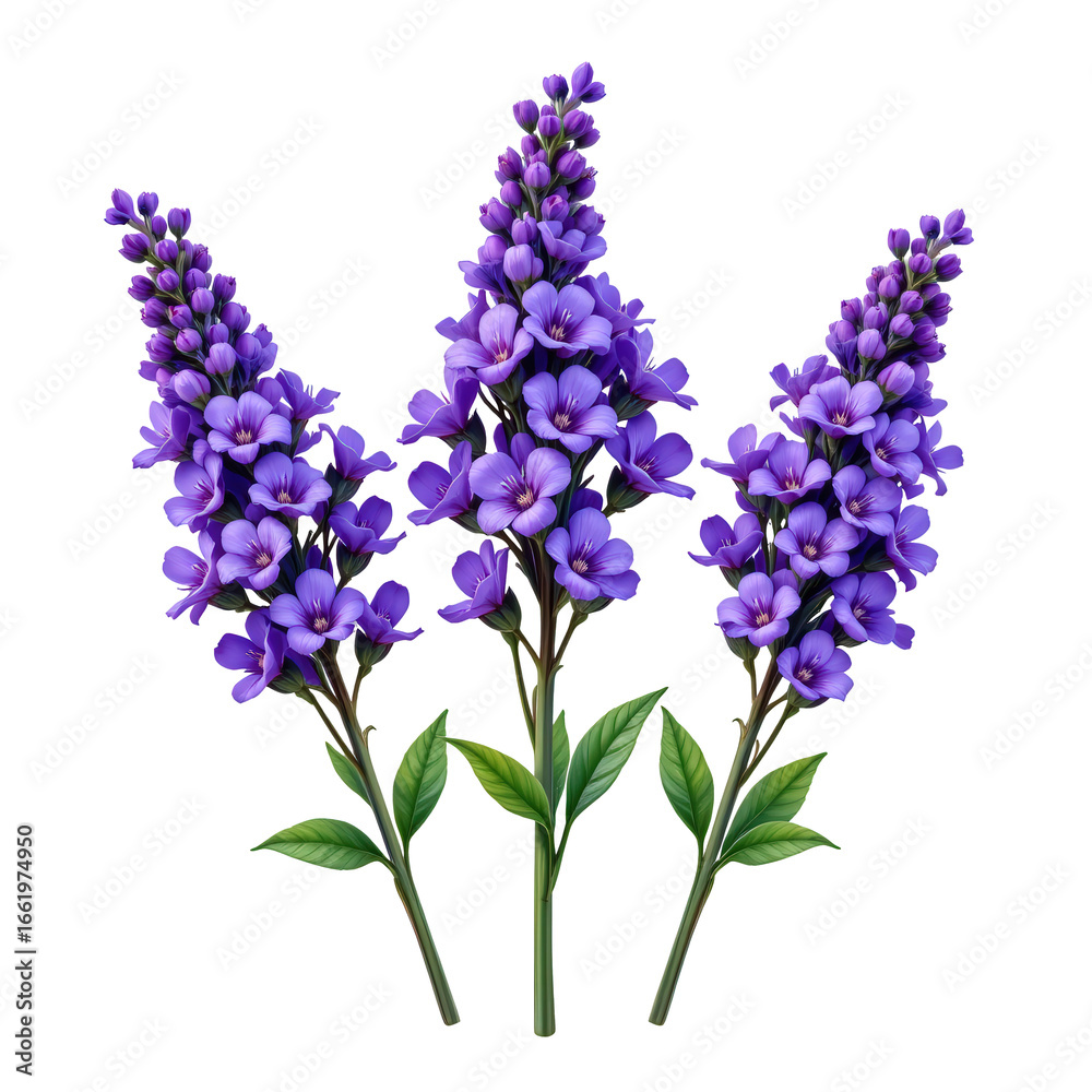 Fototapeta premium Vibrant Purple Floral Arrangement with Green Leaves on Transparent background