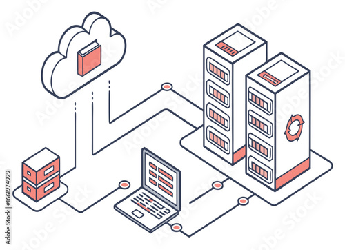 Isometric illustration of cloud computing and data center infrastructure connecting devices